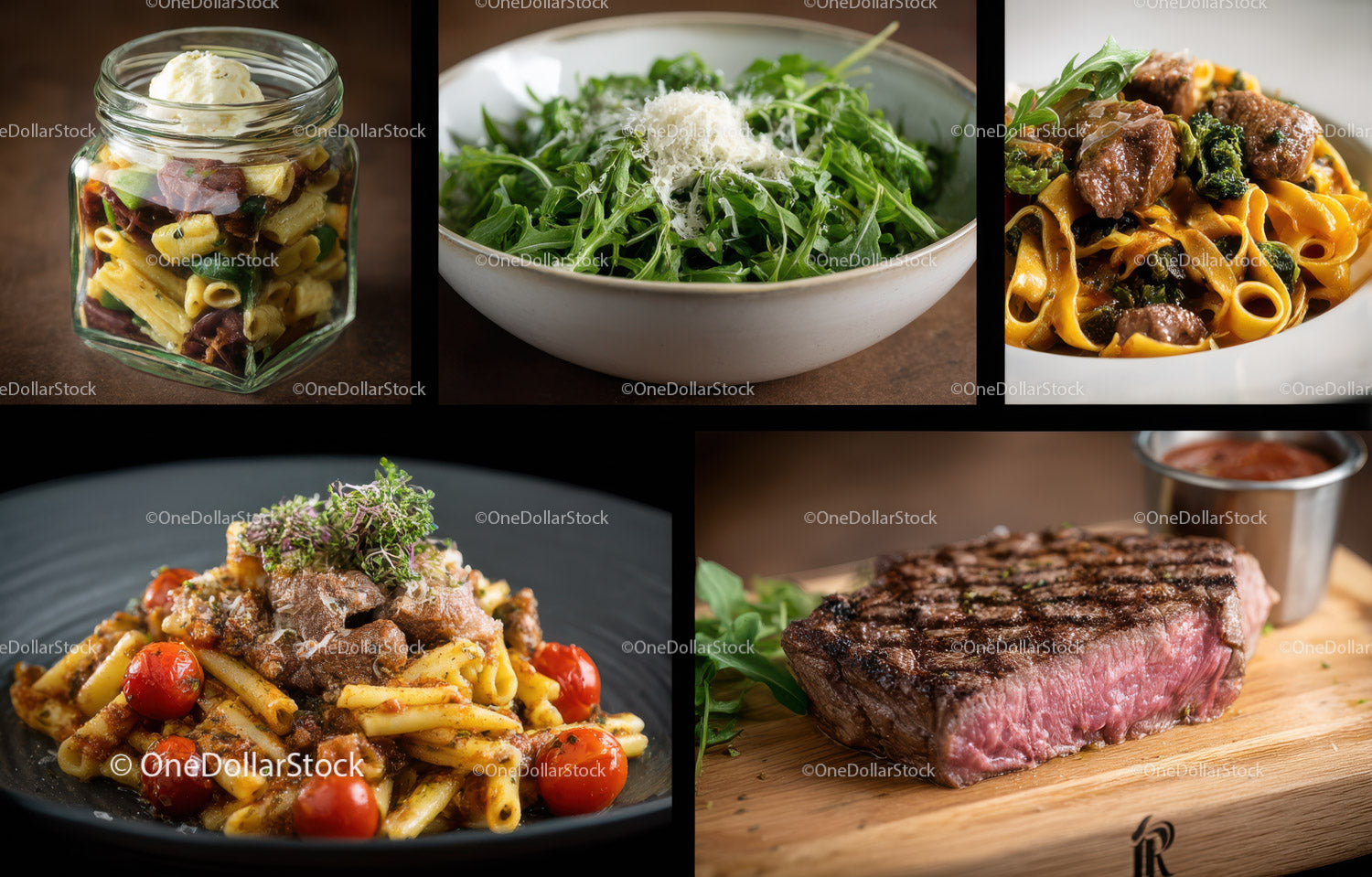 Gourmet Pasta and Steak Meal with Fresh Greens and Cherry Tomatoes