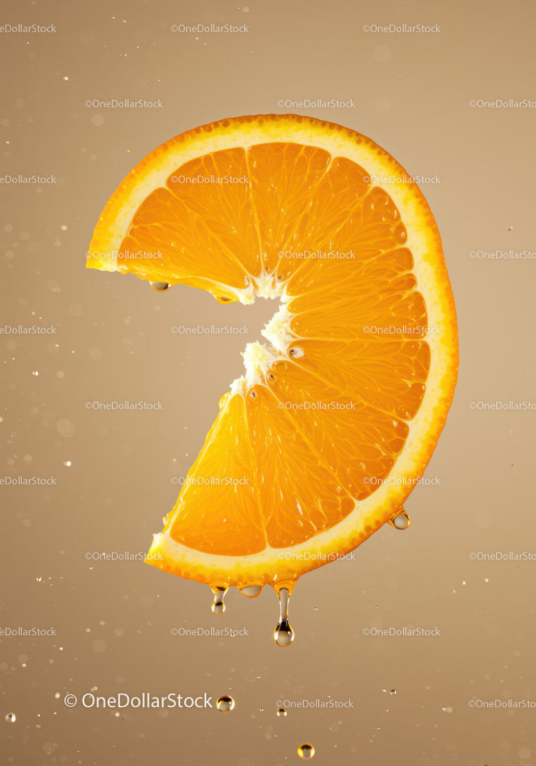 Fresh orange slice with juicy droplets in beige background
