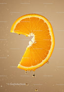 Fresh orange slice with juicy droplets in beige background