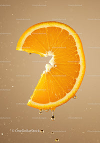 Fresh orange slice with juicy droplets in beige background