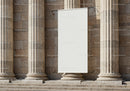 Blank Banner Hanging Between Stone Columns Outdoors