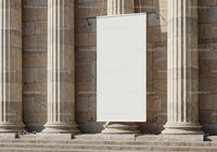 Blank Banner Hanging Between Stone Columns Outdoors