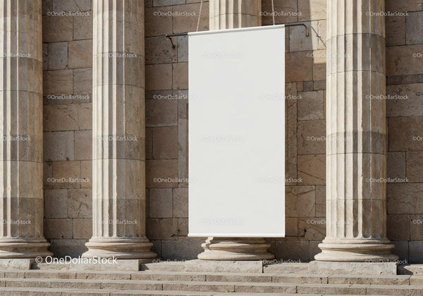Blank Banner Hanging Between Stone Columns Outdoors JPG Mockup Image