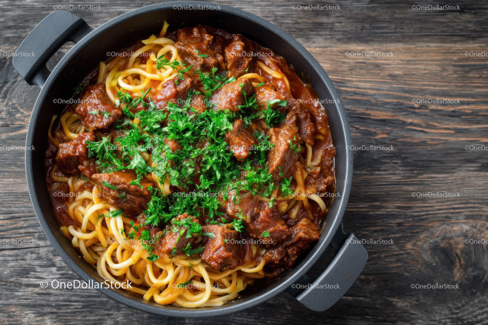Beef and Mushroom Pasta in a Cast Iron Skillet with Cherry Tomatoes