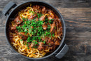 Beef and Mushroom Pasta in a Cast Iron Skillet with Cherry Tomatoes