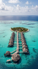 Tropical Overwater Bungalows on Clear Blue Ocean with View of Sky and Islands
