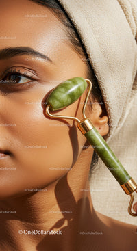Close-up of Woman with Jade Facial Roller for Skin Rejuvenation