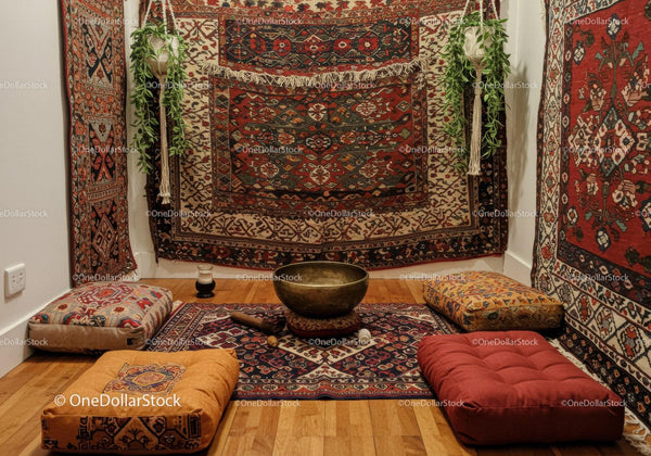 Cozy meditation corner with vibrant cushions and rug