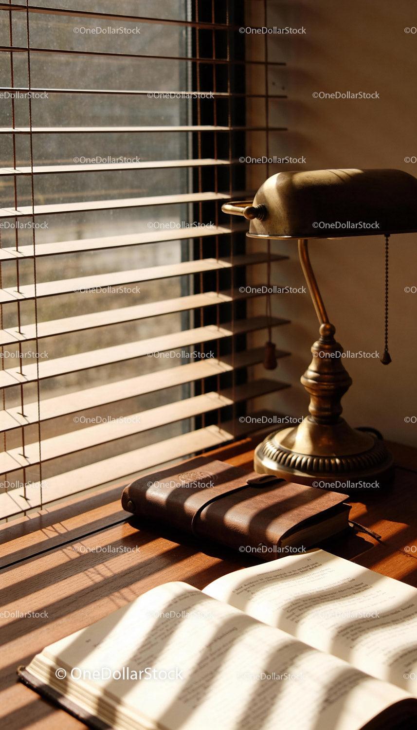 Morning sunlight casting shadows on vintage desk setup
