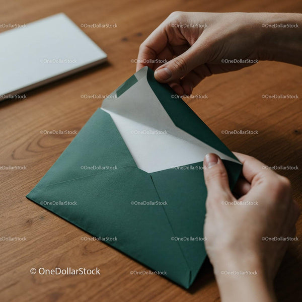 Person Opening Dark Green Envelope on Wooden Table JPG Mockup Image