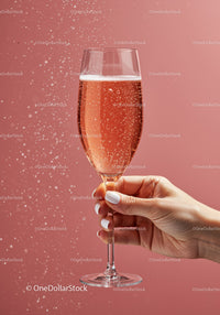 Hand Holding Sparkling Rosé Wine Glass on Pink Background