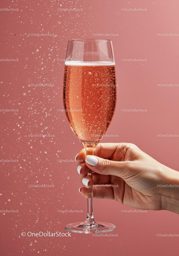 Hand Holding Sparkling Rosé Wine Glass on Pink Background