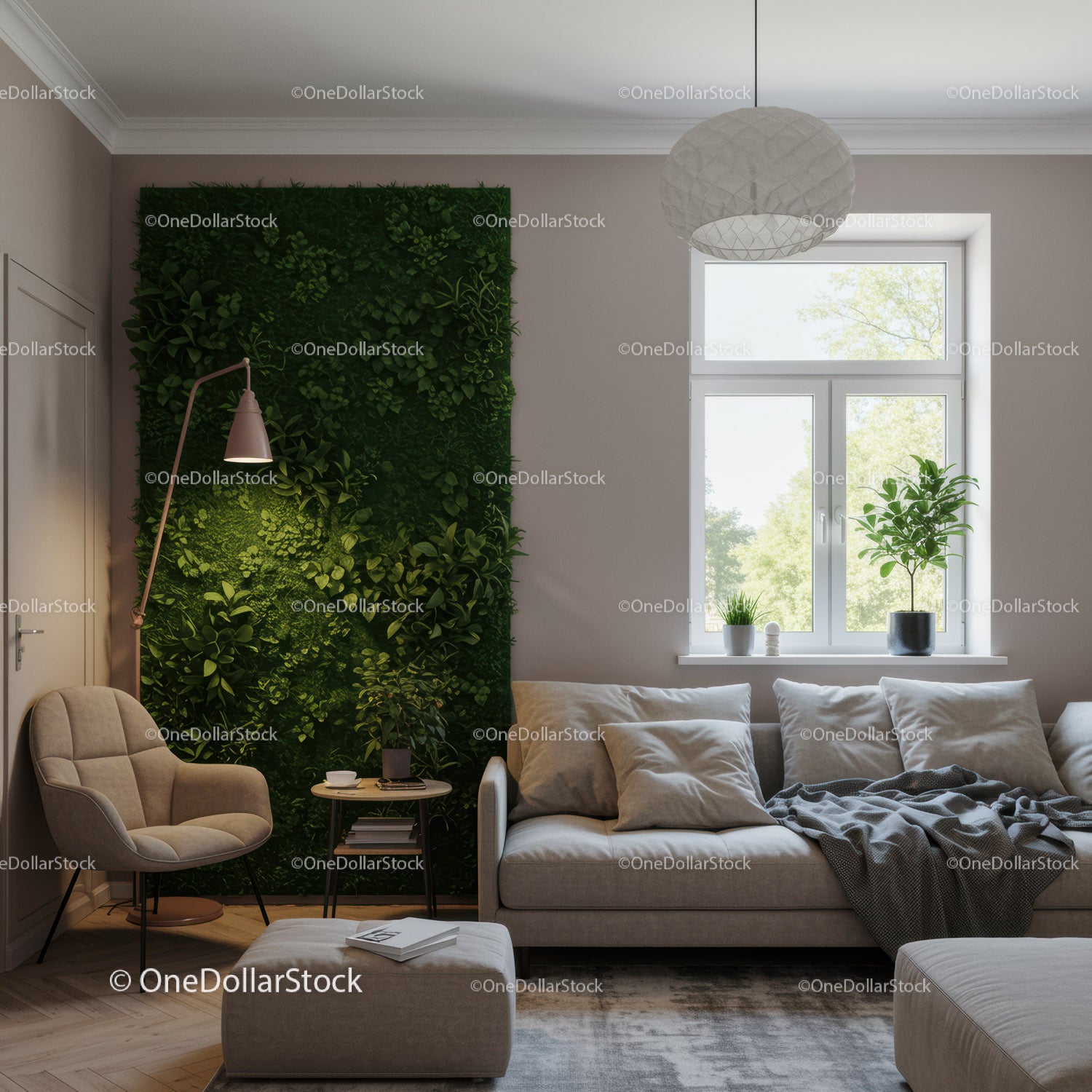 Jasny, nowoczesny salon z zieloną roślinnością i przytulną sofą