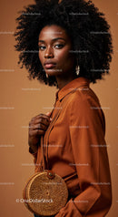 Elegant African Woman in Satin Blouse with Woven Handbag