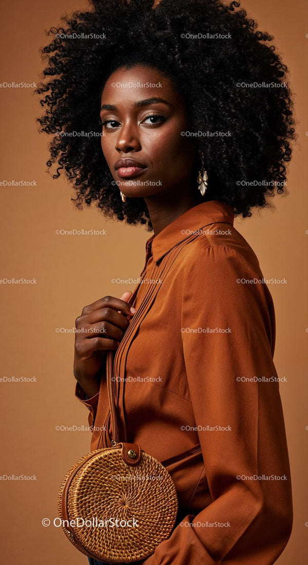 Elegant African Woman in Satin Blouse with Woven Handbag