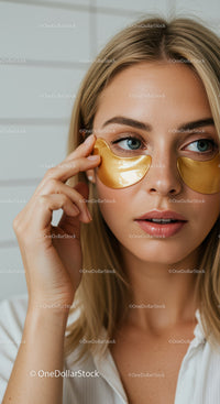 Close-up of a woman with blonde hair wearing gold eye masks for skincare