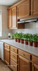 Wooden Kitchen Cabinets with Potted Green Plants and White Tiled Backsplash
