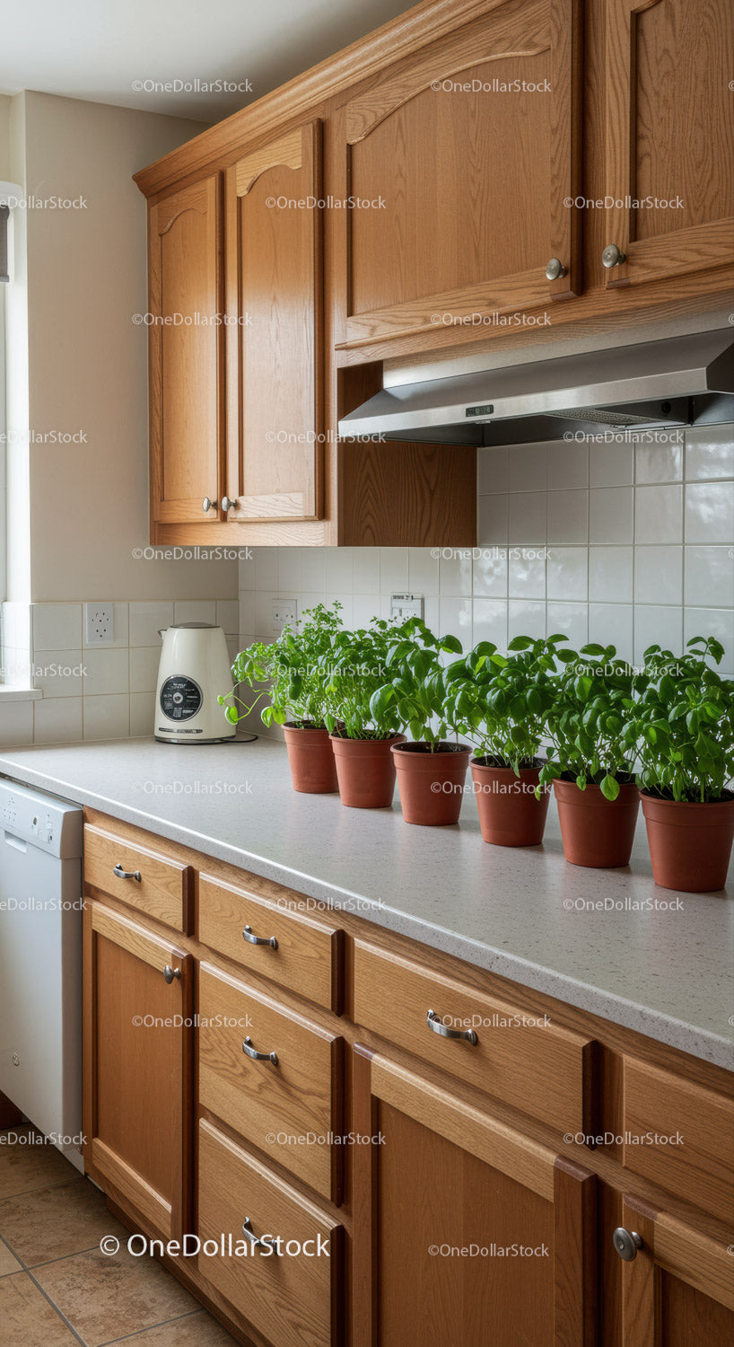 Wooden Kitchen Cabinets with Potted Green Plants and White Tiled Backsplash