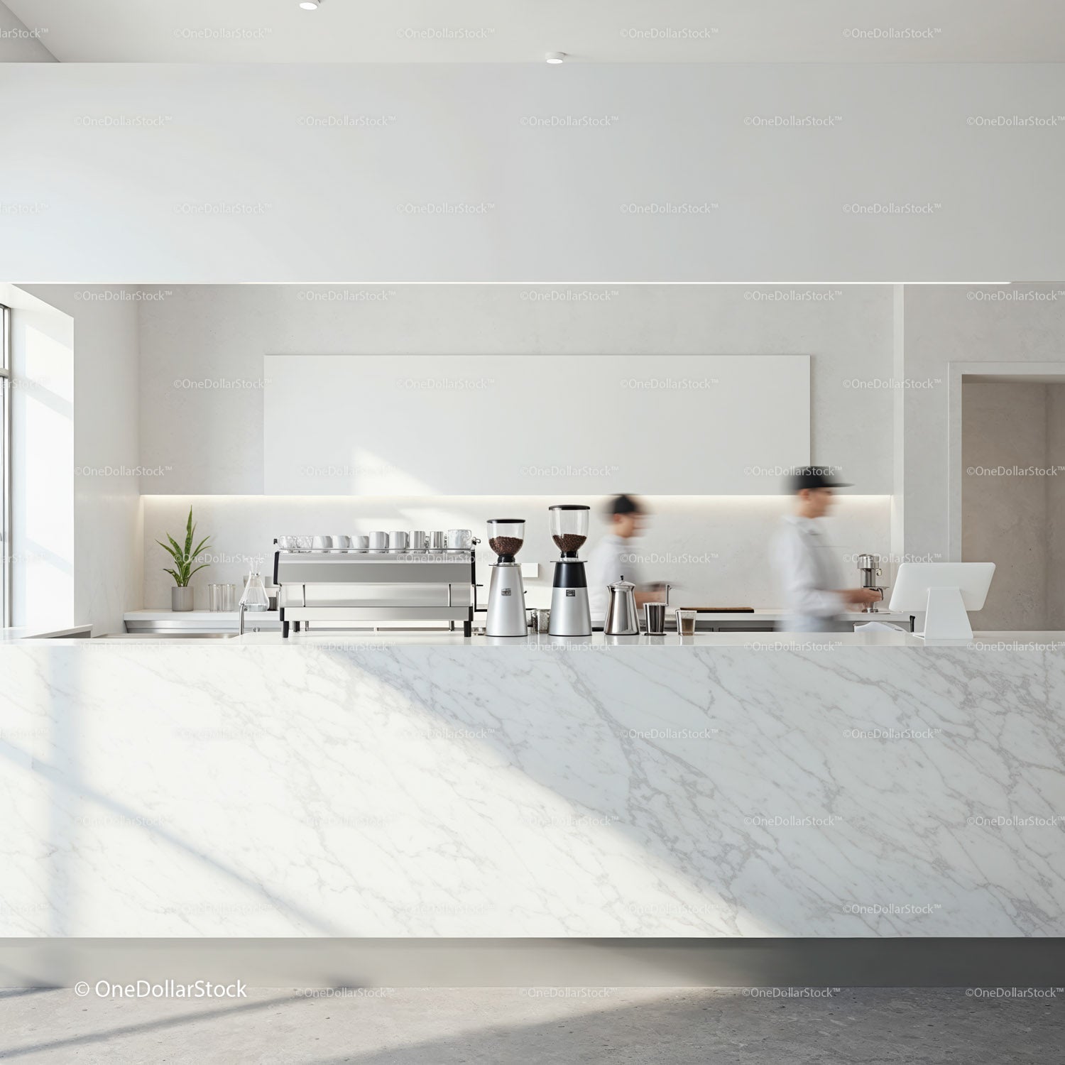 Minimalist Coffee Shop Interior with Baristas Preparing Drinks
