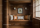 Rustic Wooden Cabin Interior with Leather Cushions and Artistic Wall Decor