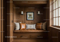 Rustic Wooden Cabin Interior with Leather Cushions and Artistic Wall Decor