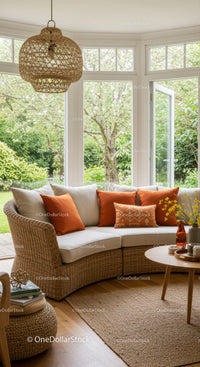 Cozy rattan sofa with orange cushions in sunlit room