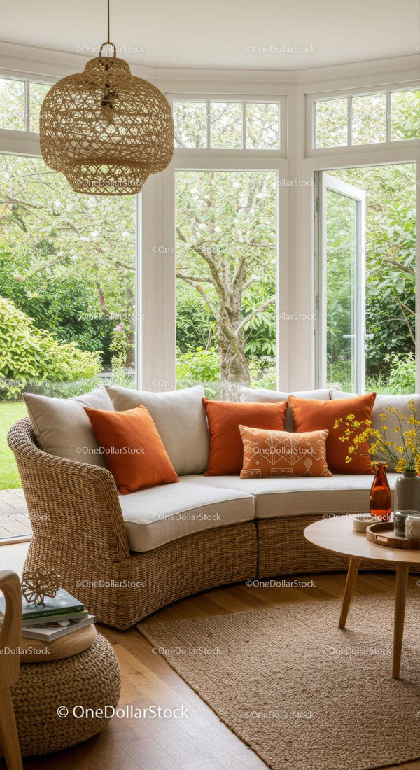Cozy rattan sofa with orange cushions in sunlit room