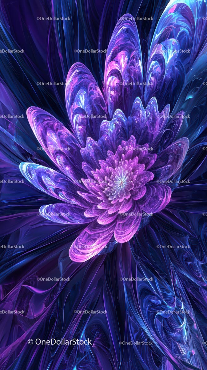 Abstract Digital Fractal Flower in Vibrant Purple and Blue Colors