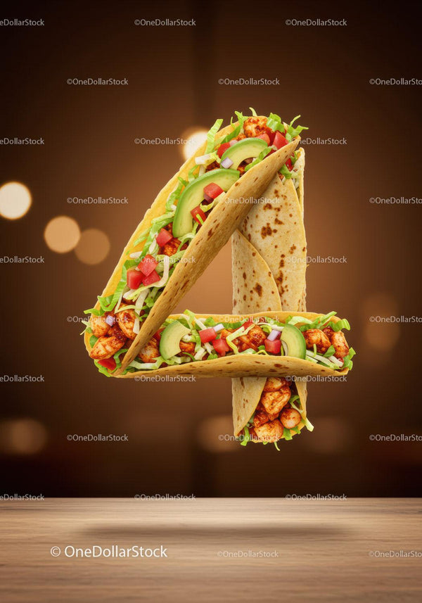 Three tacos arranged to form the number four