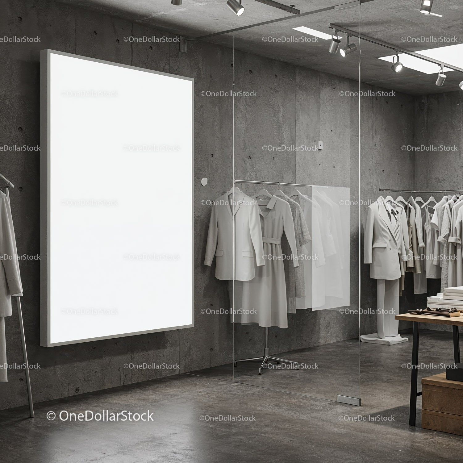 Minimalist boutique interior with elegant clothing display