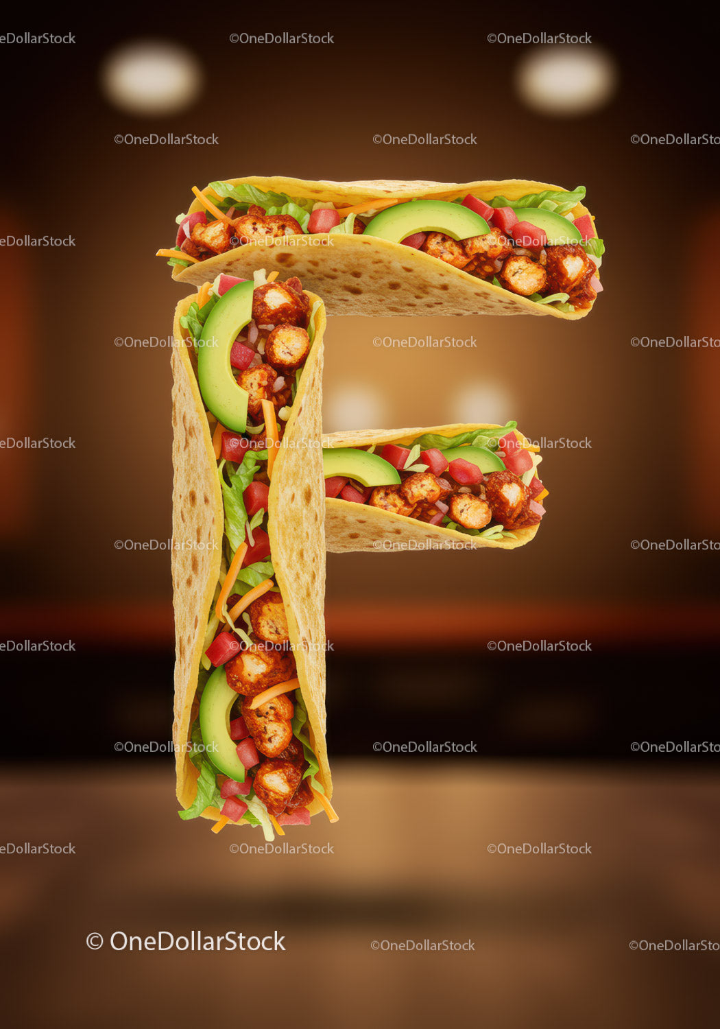 Tacos ułożone w literę F na ciepłym tle