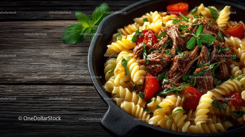 Spiral Pasta with Slow-Cooked Beef and Cherry Tomatoes in Rustic Skillet