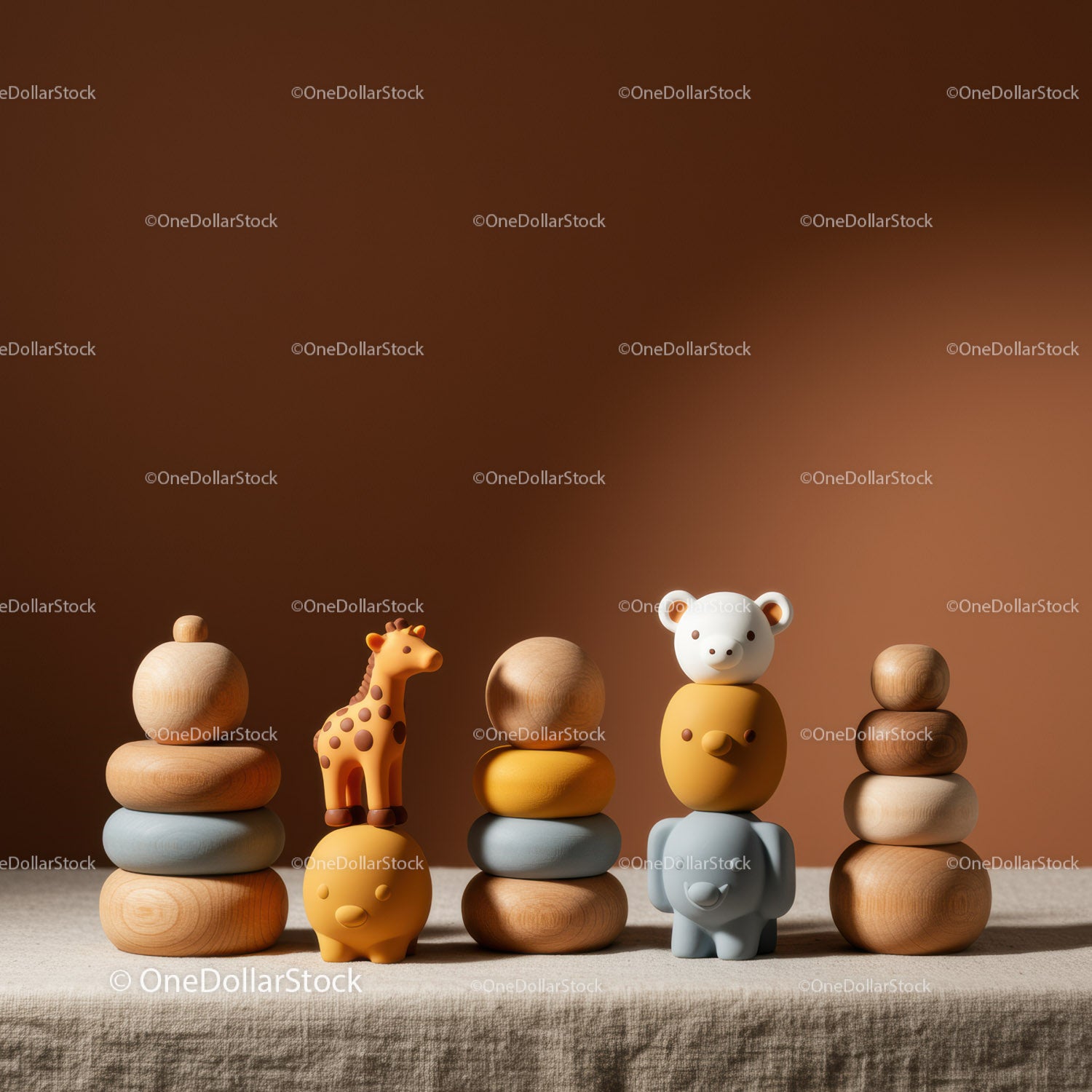 Stacked Wooden Toys with Playful Animal Figures