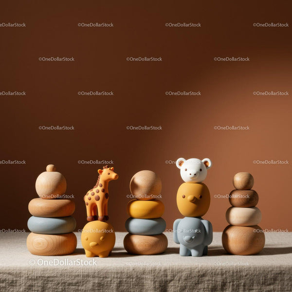 Stacked Wooden Toys with Playful Animal Figures