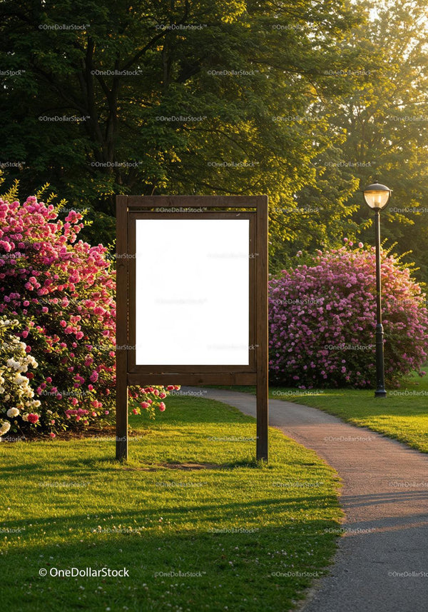 Empty Wooden Signboard in Sunny Park with Blooming Flowers JPG Mockup Image