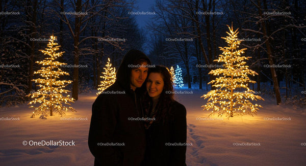 Couple enjoying winter night with illuminated Christmas trees