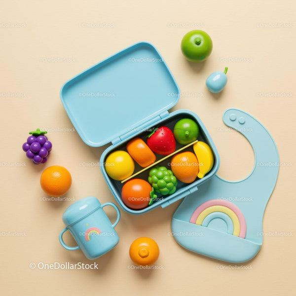 Kolorowe plastikowe owoce w niebieskim lunchboxie z akcesoriami dla niemowląt