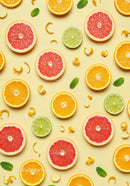 Fresh citrus slices with mint leaves on pastel background