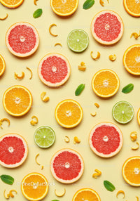 Fresh citrus slices with mint leaves on pastel background