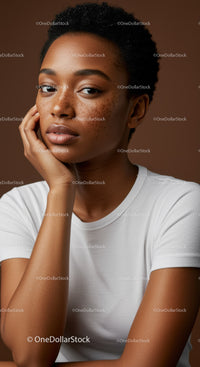 Portrait of a Woman with Freckles and Short Curly Hair