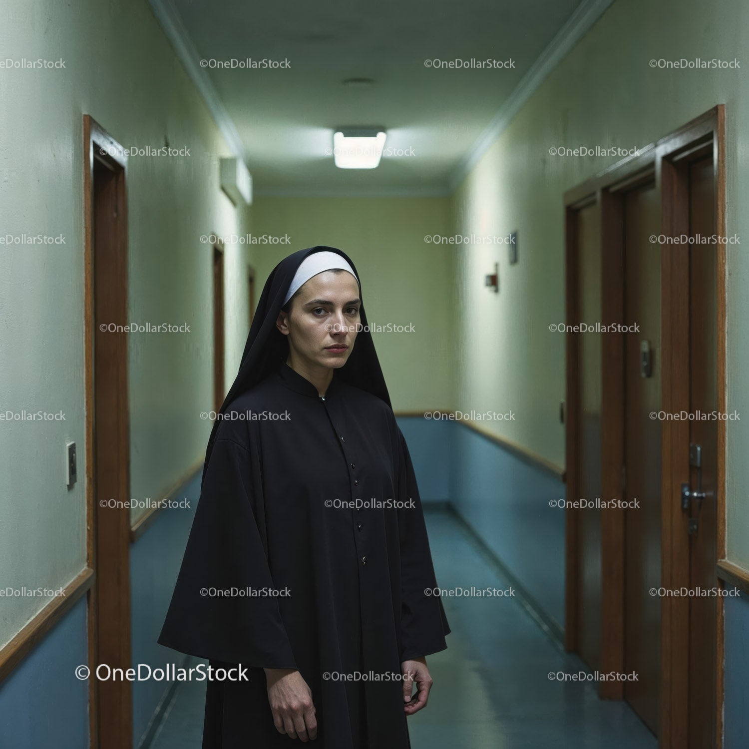 Confident Nurse in Hospital Corridor With Serious Expression
