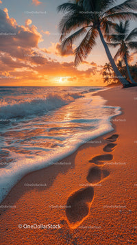 Sunset Over Tropical Beach with Palm Trees and Clear Ocean Water