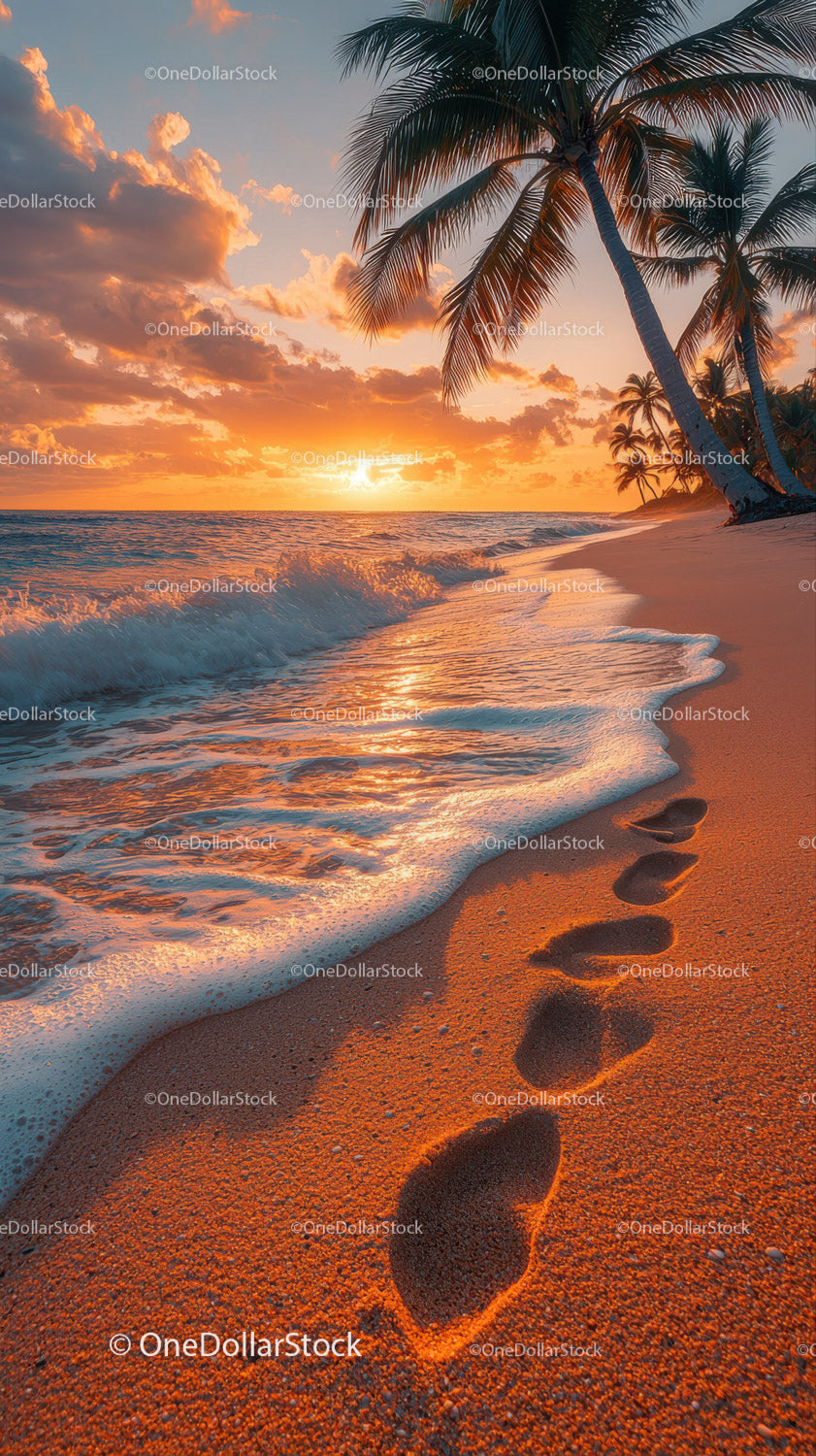 Sunset Over Tropical Beach with Palm Trees and Clear Ocean Water
