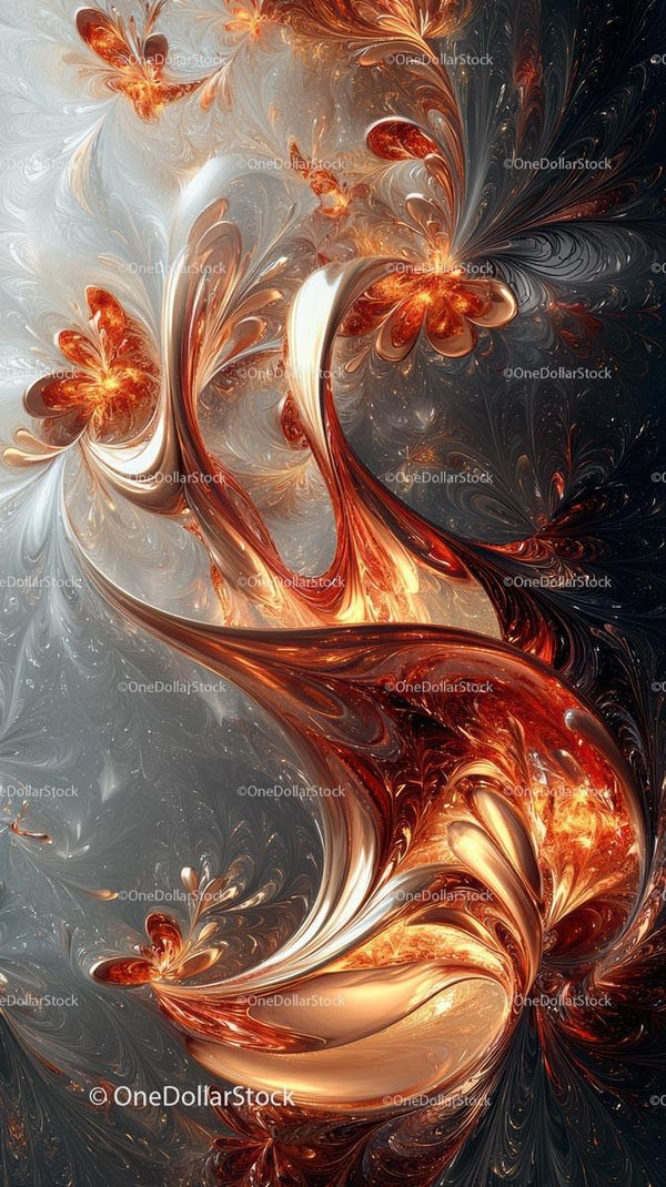 Dynamic Fiery Orange and Silver Artistic Digital Fractal