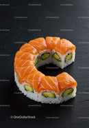 Fresh salmon and avocado sushi roll on dark slate