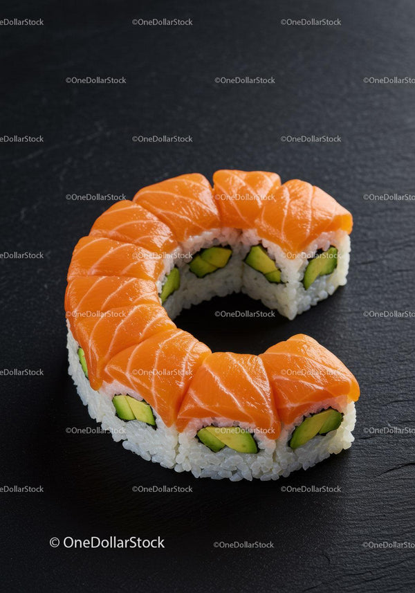 Fresh salmon and avocado sushi roll on dark slate