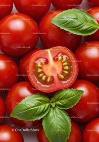 Fresh cherry tomatoes with green basil leaves closeup