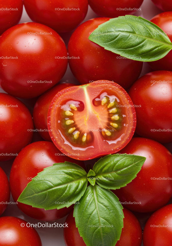Fresh cherry tomatoes with green basil leaves closeup