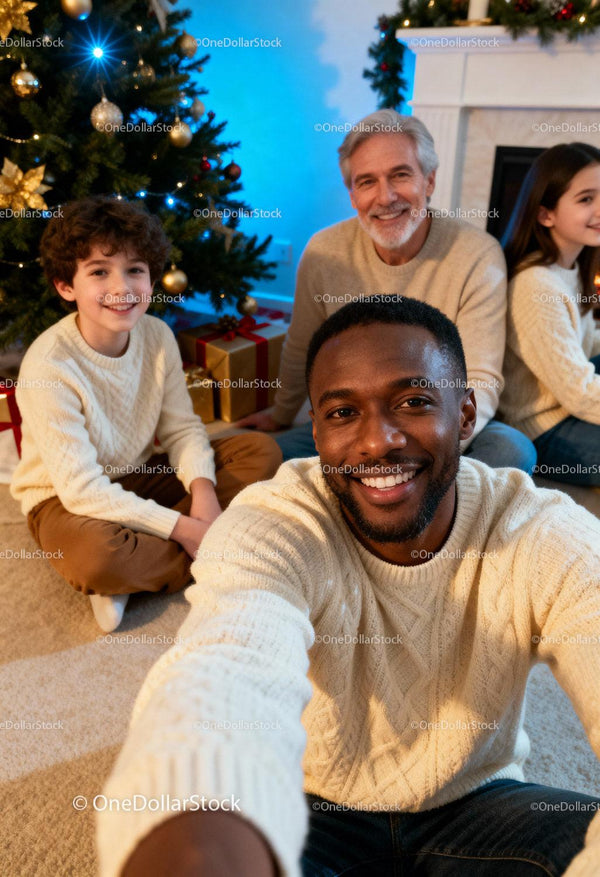 Smiling family in cozy sweaters enjoying Christmas together