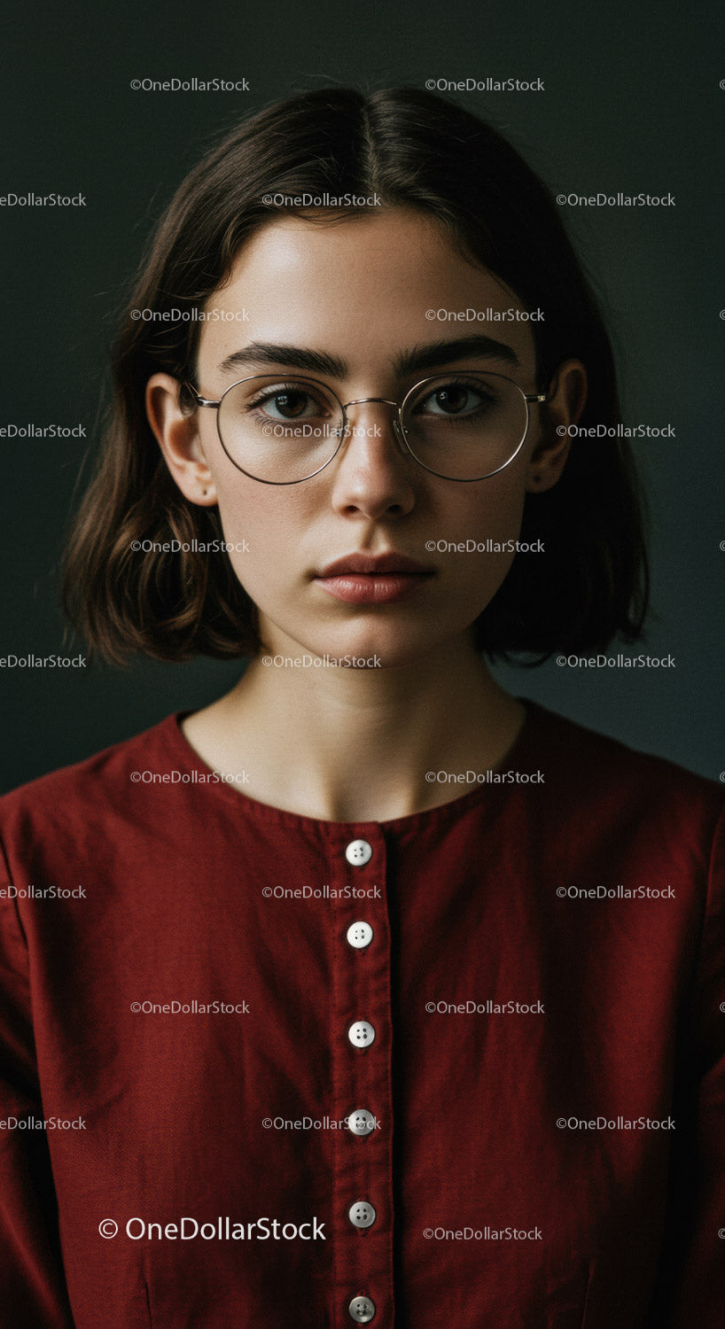 Portret młodej kobiety w okularach w eleganckim, swobodnym stroju
